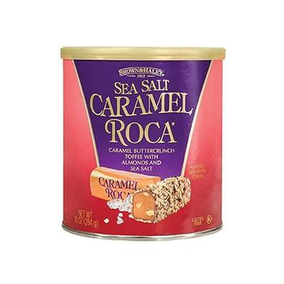 Brown & Haley Sea Salt CARAMEL ROCA Canister, Individually Wrapped Caramel Buttercrunch Toffee, 10 Ounces (Pack of 1) | Sea Salt Caramel Buttercrunch Toffee - Individually Wrapped Candy - Gluten Free, Kosher - Gifts, Sharing, Candy Dishes