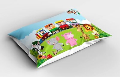 Ambesonne Cartoon Pillow Sham, Kids Nursery Design Happy Children on a Choo Choo Train with Safari Animals Artwork, Decorative Standard Queen Size Printed Pillowcase, 30" X 20", Multicolor