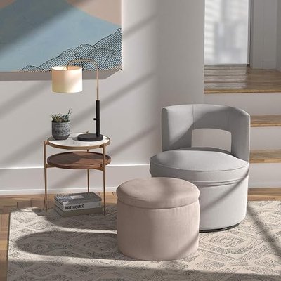 Amazon Brand – Rivet Madison Modern Fabric Round Lift-Top Storage Tray Ottoman Pouf, 19.7"W, Marshmallow