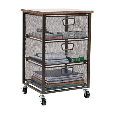 Mind Reader 3 Drawer Storage Organizer with Wood Top, Rolling Office Organizer Cabinet with Wheels, Office, Metal Mesh, Black