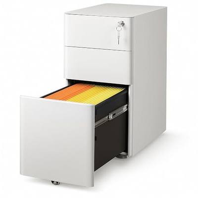DEVAISE 3 Drawer File Cabinet on Wheels, Fully Assembled Except Casters | Slim Metal Filing Cabinet with Lock, Under Desk Storage Cabinet for Letters/Legal/A4 - White
