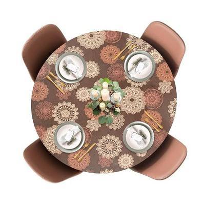 LAMINET Elastic Fitted Table Cover - Medallion - Large Round - Fits Tables up to 45-56” Diameter