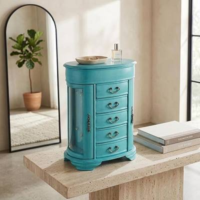 Hives & Honey Daphne Oval Glass Turquoise Jewelry Chest Jewelry Organizer Box Case Mirrored Storage
