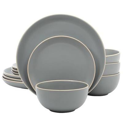 Gibson Home Rockaway 12-Piece Stoneware Dinnerware Set, Matte Finish, Service for 4, Modern Ceramic Plates and Bowls, Microwave & Dishwasher Safe – Soft Gray - Service for 4