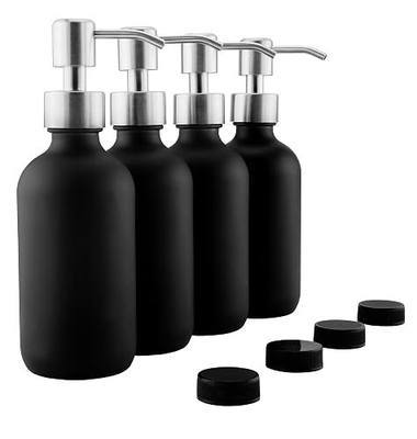 8oz Black Glass Bottles w/ Stainless Steel Pumps(4-Pack); Black Coated Boston Round Bottles w/ Spare Lids Too