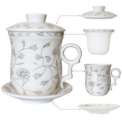 Porcelain Tea Cup with Infuser Lid and Saucer Sets - Chinese Jingdezhen Ceramics Coffee Mug Teacup Loose Leaf Tea Brewing System for Home Office