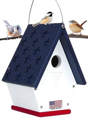 JCs Wildlife Recycled Poly Lumber Wren Chateau Birdhouse - Made in The USA - Perfect Garden and Backyard Birdhouse for Wrens, Chickadees, and Warblers! (White/Red/Blue Stars Roof)