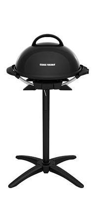 George Foreman Indoor/Outdoor Electric Grill with Stand, 15-Serving | 15-serving electric grill with removable stand, 5 heat settings and fat-removing slope for healthier grilling.