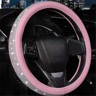 Bling Diamond Leather Steering Wheel Cover, Golden Crystal Rhinestone Design, Universal Fit 14.5-15 Inch for Women Girls
