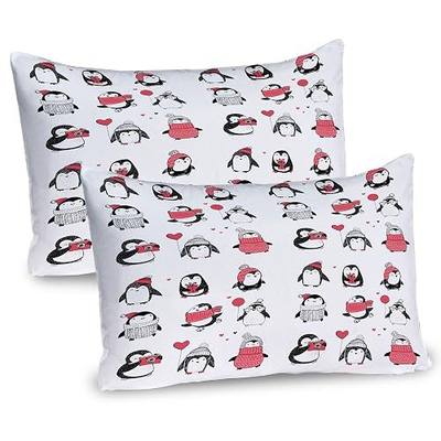 Ambesonne Winter Pillow Sham Set of 2, Penguins Hand Drawn Merry Christmas Greetings, Quality Microfiber Bedding Item for All Seasons, 26" x 20", White Pink