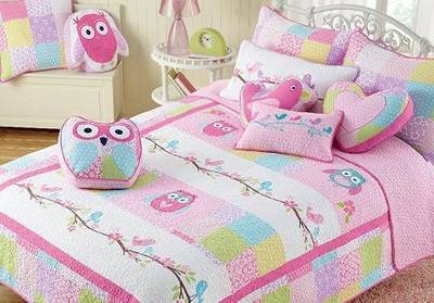 Cozy Line Home Fashions Twin - 6 Piece Cute Owl Pink Blue Green Embroidery 100% Cotton Reversible Girl Bedding Quilt Set, Coverlet, Bedspreads (1 Quilt + 1 Sham + 4 Decorative Pillows)