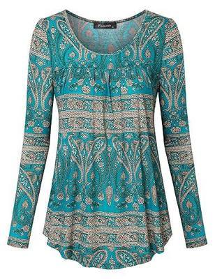 Women's Long Sleeve Scoop Neck Pleated Tunic Shirt