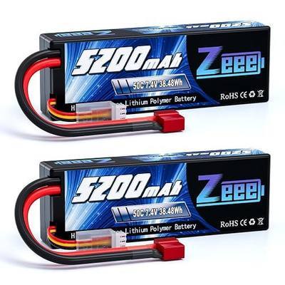 Zeee 7.4V Lipo Battery 2S 50C 5200mAh Hard Case with T Connector (2 Packs) | for RC Car Trucks 1/8 1/10 RC Vehicles Racing Hobby