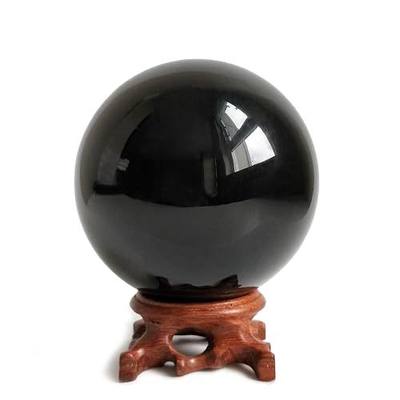 Mina Heal Natural Black Obsidian Crystal Ball with Stand, 90mm/3.5" | Polished gemstone crystal ball with display stand for decor, meditation, scrying and collections.