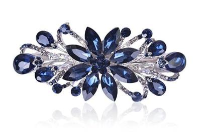 Flower Luxury Jewelry Design Hairpin Rhinestone Hair Barrette Clip for Mom (Dark Blue)