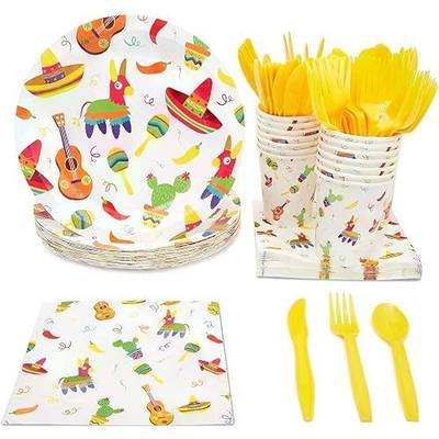 BLUE PANDA Fiesta Plates & Napkins Dinnerware Set - 144-Piece, Serves 24, Multicolor Cartoon Paper - Taco Party Plates & Cups - Mexican Themed Tableware - Fiesta Party Supplies