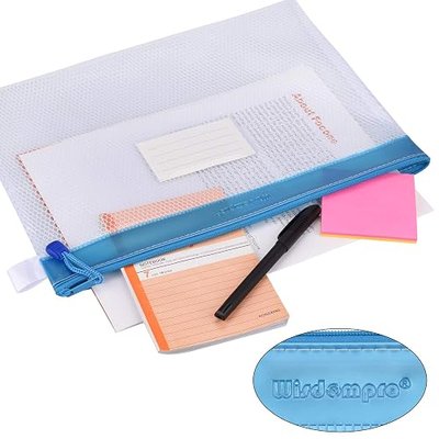 Wisdompro 4 Packs Durable Waterproof Mesh File Bag, Blue | 13.3x9.8" Zipper Pouch, Letter Size Mesh Bag, Document Organizer, with Outer Label Pocket, Perfect for Office, School & Home