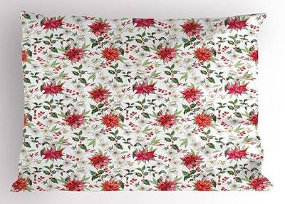 Ambesonne Watercolor Pillow Sham, Fresh Poinsettia Flowers and Rowan Berry Branches Christmas Garden, Decorative Standard Size Printed Pillowcase, 26" X 20", Vermilion Magenta