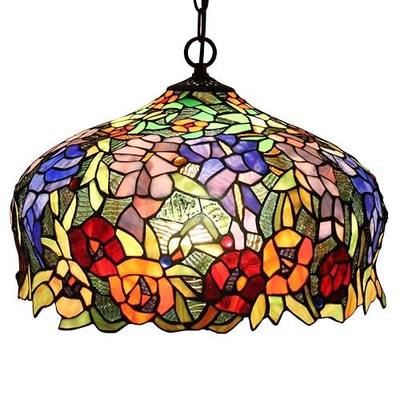Bieye L10557 Wisteria and Rose Flowers Tiffany Style Stained Glass Ceiling Pendant Fixture with 16-inch Wide Lampshade
