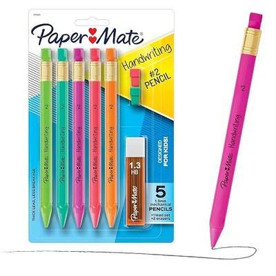 Paper Mate Handwriting Triangular Mechanical Pencils with Lead & Eraser Refills, 1.3mm, Fun Barrel Colors, 5 Count - School Supplies, Kids Writing