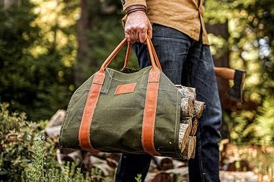 1844 Helko Werk USA Made Handmade Waxed Canvas Log Carrier Tote Green 8755G | Frontier Collection Quality Durable Bag Firewood Holder Fireplace Log Canvas Leather Tote Firewood Cabins & Wood Stoves