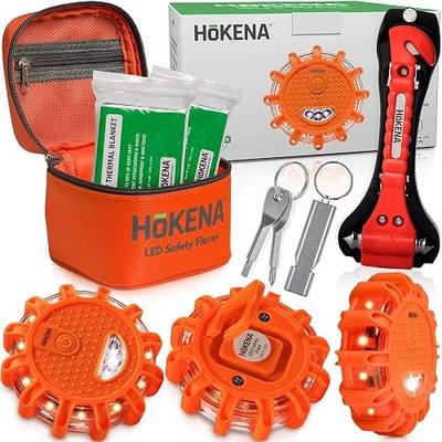 LED Road Flares 9 Piece Set, Emergency Lights Complete Car Safety Kit, Roadside Warning Flare Beacon Disc for Vehicle & Boat with Magnetic Base, with Batteries, Seatbelt Cutter & Window Breaker
