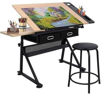 Drafting Table Drawing Desk Art&Craft Work Station Height Adjustable Tilting Tabletop Craft Table Desk w/Stool and 2 Storage Drawers for Home Office Study Room, Natural