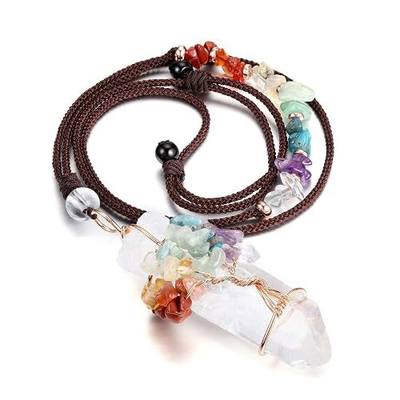 Jovivi 7 Chakra Gemstone Wire Wrapped Natural Clear Quartz Healing Crystal Point Pendant Necklace for Women Mother's Day Gift