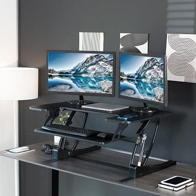VIVO 36 inch Height Adjustable Stand Up Desk Converter, V Series, Quick Sit to Stand Tabletop Dual Monitor Riser Workstation, Black, DESK-V000V | Height Adjustable, Stand Up Desk Riser, Wide Keyboard Tray, Dual Monitor and Laptop Workstation, Black Frame, V Series