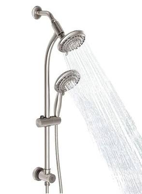 Handheld Showerhead & Rain Shower Combo for Easy Reach, 27.5" Drill-free Stainless Steel Slide Bar, 5”of 5-setting Handheld Shower and Showerhead, with 5ft Hose -Brush Nickel