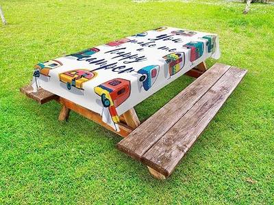 Lunarable Camper Outdoor Tablecloth, You Make Me Happy Camper Motivational Words with Caravans Retro Style Travel Graphic, Decorative Washable Picnic Table Cloth, 58" X 84", Indigo Yellow