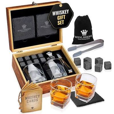 Whiskey Stones Gift Set for Men with 2 Glasses & Chilling Rocks | Scotch & Bourbon Barware with Coasters & Tongs – Birthday Present for Dad, Husband & Him