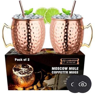 LIVEHITOP Moscow Mule Copper plated Mugs Set of 2, Copper Cups 19.5 Oz Cocktail Kit with Straw Coaster for Wine, Beer, Cold Drink, Bar, Party, Gifts