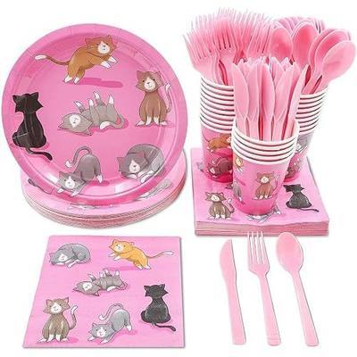 BLUE PANDA Cat Party Tableware Set - Serves 24 Guests - For Girls' Cat Themed Birthday Party - Disposable Plates, Cups & Silverware - Pack of 144