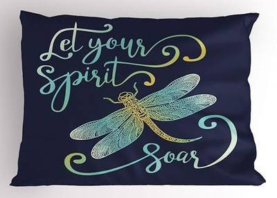 Lunarable Inspirational Pillow Sham, Calligraphy Words Let Your Spirit Soar and Ornate Dragonfly, Decorative Standard Size Printed Pillowcase, 26" X 20", Blue Yellow