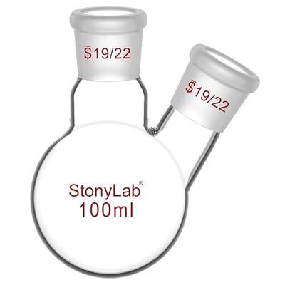 StonyLab Glass 100ml Heavy Wall 2 Neck Round Bottom Flask RBF, with 19/22 Center and Side Standard Taper Outer Joint - 100mL