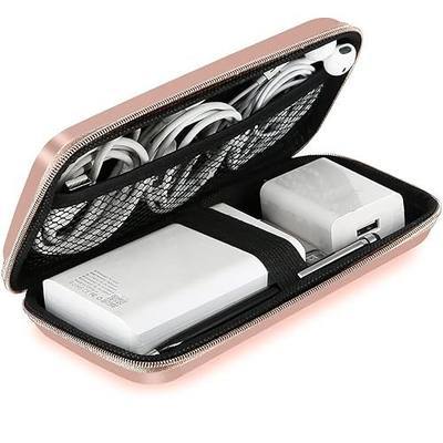 iMangoo Travel Essential Electronics Organizer Pouch Charger Case, Shockproof Dual Zipper Power Bank Cables Tech Accessories Purse, Men & Women Travel Must Have Storage Bag, 6.5x3.2x1 inch Rose Gold