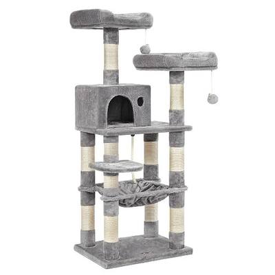 Feandrea Cat Tree, 55.8-Inch Cat Tower, Multi-Level Plush Condo with 11 Scratching Posts, 2 Perches, Hammock, Cave, Light Gray UPCT15W