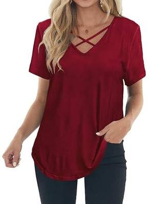 NIASHOT Womens T Shirts Short Sleeve V Neck Criss Cross Loose Fit Summer Tops