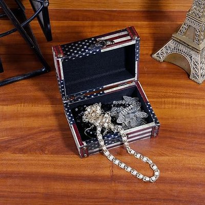 WaaHome Treasure Box 5'' Small Decorative Box Wood Jewelry Keepsakes Box with Lids for Home Decorations (American Flag)