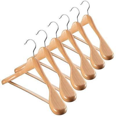 ZOBER 6 Pack High-Grade Wooden Suit Hangers for Men, Wide Shoulder Hangers with Non Slip Pants Bar, Smooth Finish, Holds Upto 20lbs, 360° Swivel Hook, Jacket Hanger, Heavy Duty Wide Hanger for Closet