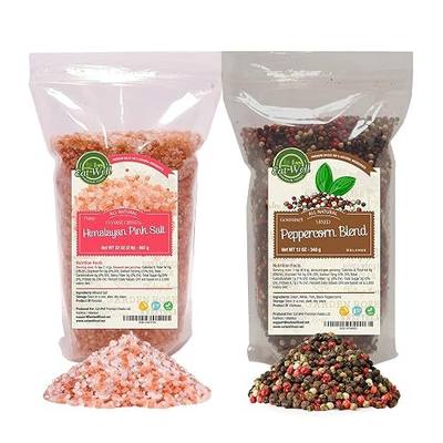 Eat Well Mixed Peppercorn Blend and Coarse Crystal Himalayan Salt, Premium Whole Black Peppercorn Medley 12 oz & Natural Coarse Grain Himalayan Pink Salt 2 lb Freshly Packed Resealable Refill Packets
