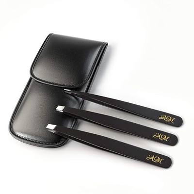 Tweezers for Eyebrows Variety Pack – 3-Piece Stainless Steel Slant Tip Tweezer Set + Pouch – Face & Body Hair Plucker, Ingrown Hair Tool, Splinter Remover – Precision Tweezers Set by Mandebura Beauty