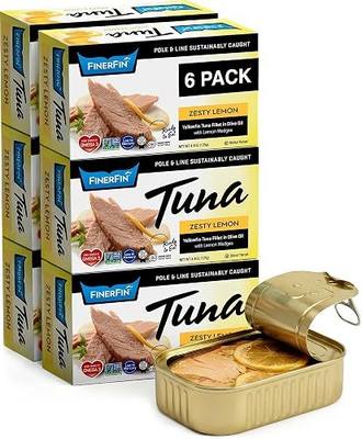 FinerFin Yellowfin Tuna Fillets in Organic Olive Oil | Zesty Lemon Flavor | Premium Canned Tuna Fish with EVOO | Gourmet Ready-to-Eat Pole & Line Caught Fillets | 4.4oz can - 6 Pack