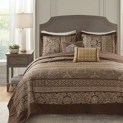 Madison Park King Quilt Bedding Set, Traditional Jacquard Damask, 5PC | All Season Quilted Coverlet with Shams and Decorative Pillows, Lightweight & Reversible Bedspread Set, Brown