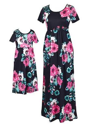 Mommy and Me Maxi Dresses,Bohemia Floral Printed Matching Dresses for Daughter and Mom