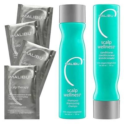 Malibu C Scalp Wellness Collection - Soothing Shampoo and Conditioner Hair Care Set for Dry Scalp - Formulated with Vitamin C Antioxidant Complex - Travel Size Scalp Remedy Packets Included (33.8 oz)