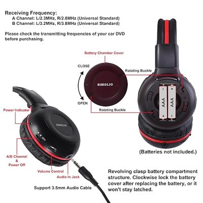SIMOLIO IR Headphones for Car DVD, Infrared Headphones Kids Universal 2 Channel, Car Headsets Wireless with Bag & 3.5mm AUX Cord for Honda Odyssey Rear Entertainment System, Foldable Durable On-Ear