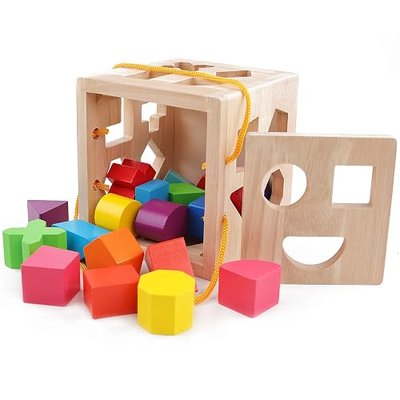 QZMTOY Shape Sorter Toys with 19 Shape Blocks, Classic Wooden Toys for Toddlers Kids, Gift for Girls Boys 2-4 (Natural Solid Wood)