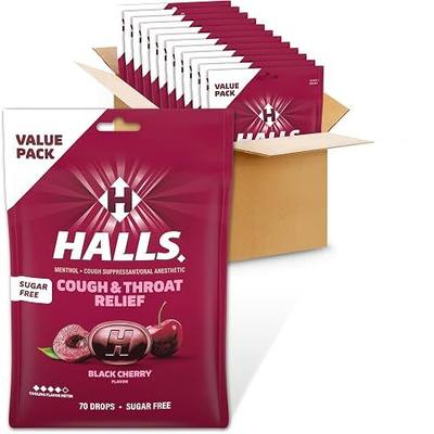 HALLS Cough & Throat Relief Black Cherry Sugar Free Cough Drops, 840 ct | Value Pack, 12 Bags of 70